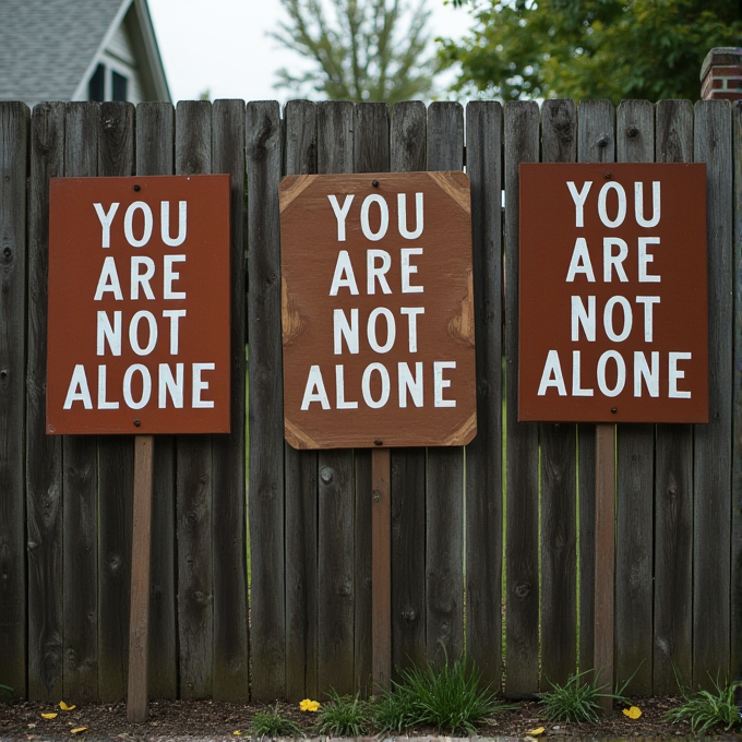 Three wooden signs with white letters saying 'YOU ARE NOT ALONE' are placed on a wooden fence outside.