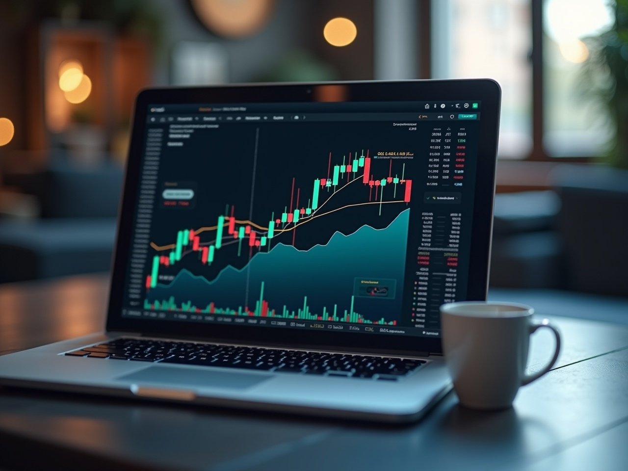 Laptop on a table displaying a stock graph. Graph shows stock information with candlestick patterns. Background is blurred with warm lights. Coffee cup beside the laptop.