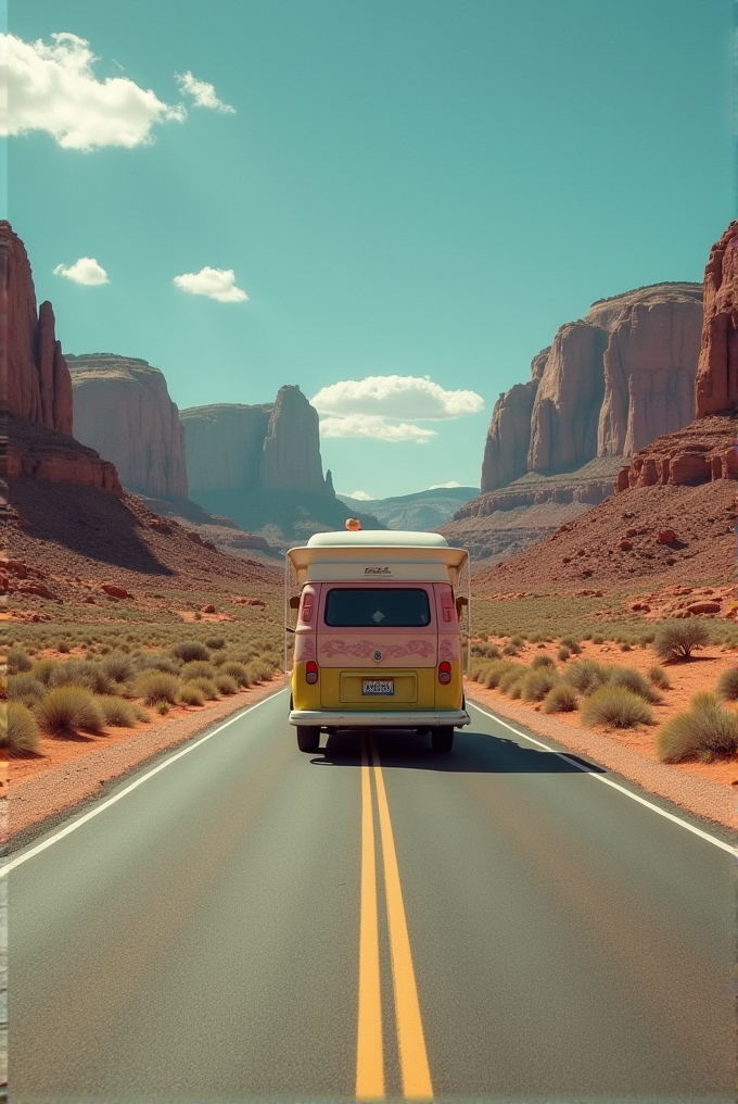 A colorful van travels down a road surrounded by towering rock formations in a desert landscape.