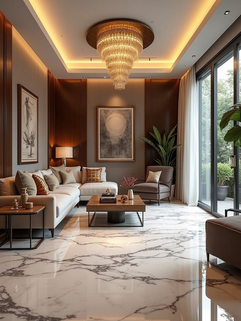 Luxurious living room features an elegant chandelier. Marble flooring enhances aesthetic appeal. Indian decor elements are present. Comfortable seating and stylish furnishings are included.