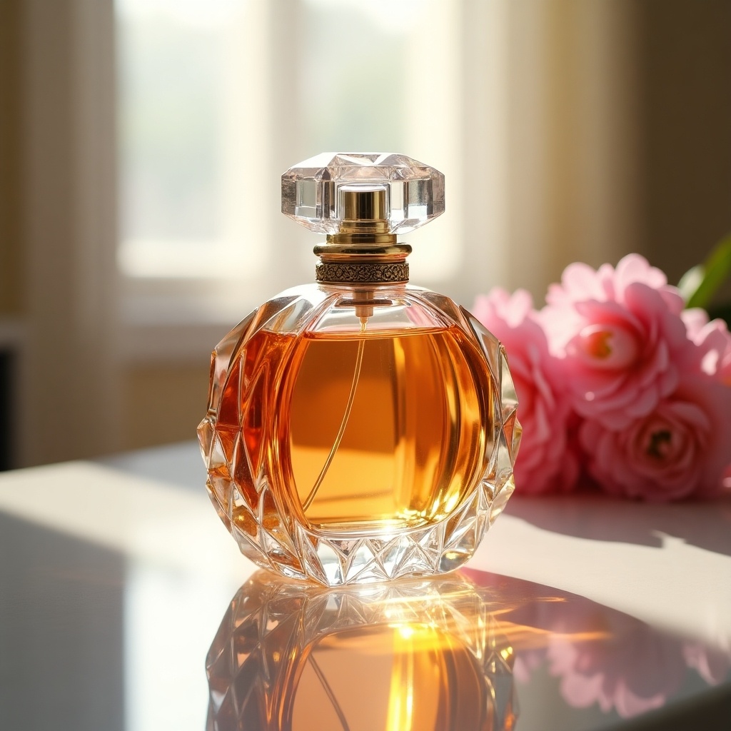 This image showcases an elegantly designed perfume bottle made of glass with a diamond-shaped cap. It rests on a reflective surface, capturing the beauty of the amber liquid inside. Soft sunlight falls on the bottle, creating warm reflections that enhance its intricate patterns. In the soft background, there's a hint of pink flowers which adds a delicate touch. The overall composition emphasizes the elegance and allure of the perfume. This image would be perfect for representation in beauty and fragrance marketing.