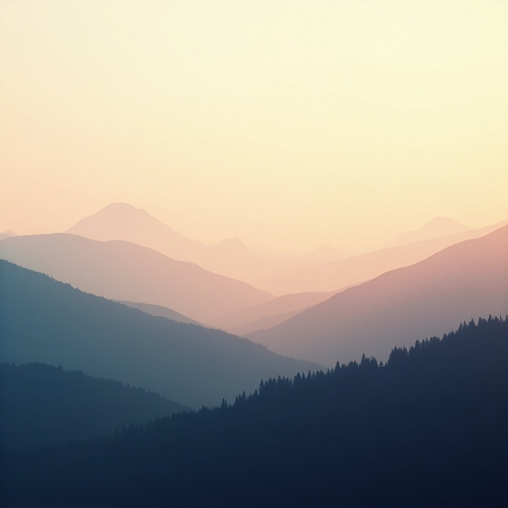 Layers of mountains in soft pastel colors at sunset. Gentle gradients between hills with a peaceful atmosphere. Ideal for relaxation themes. Mountains fade into the horizon.