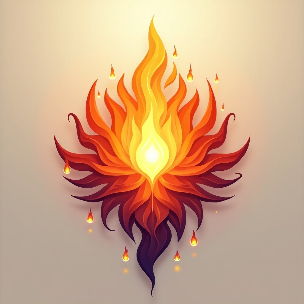 Symbol crest of fire and radiance. Features bright colors and dynamic flame shapes. Emphasizes energy and transformation. Artistic and modern design.