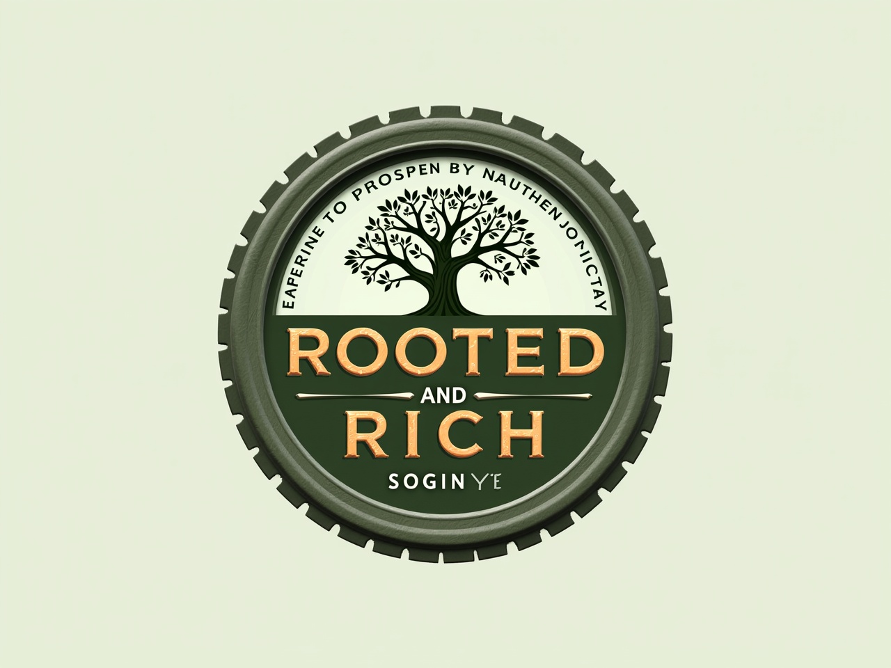 The image is a logo design with a circular emblem that combines elements of nature and machinery. In the center, there's a stylized tree with roots, symbolizing grounding and growth. Surrounding the tree is a metallic circle that resembles a gear or machinery, hinting at the theme of being geared for prosperity. The logo features the words "ROOTED and RICH" in an elegant font, with the word "and" styled in a different way to stand out. Below this, there is a subtitle, "SOGINY HEME," which complements the main text. The color scheme uses greens and metallic tones, creating a sophisticated yet natural vibe.