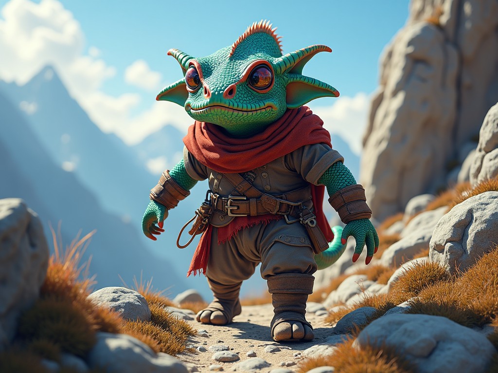 The image showcases a colorful, cartoonish creature resembling a goblin or dragon. It stands confidently on a rocky path in a mountainous landscape. The character has a bright green hue, large expressive eyes, and wears a stylish outfit with a red scarf. Its posture suggests a sense of adventure and readiness for exploration. This whimsical creature blends a mix of fantasy and charm, attracting the viewer's attention easily.