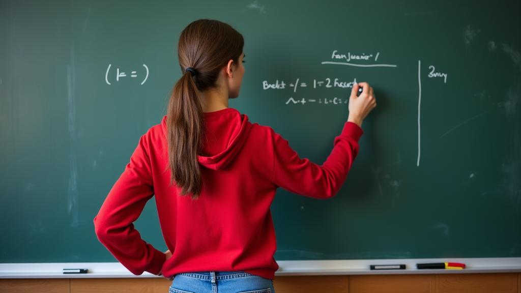 A woman in a red hoodie is writing complex equations on a green chalkboard.