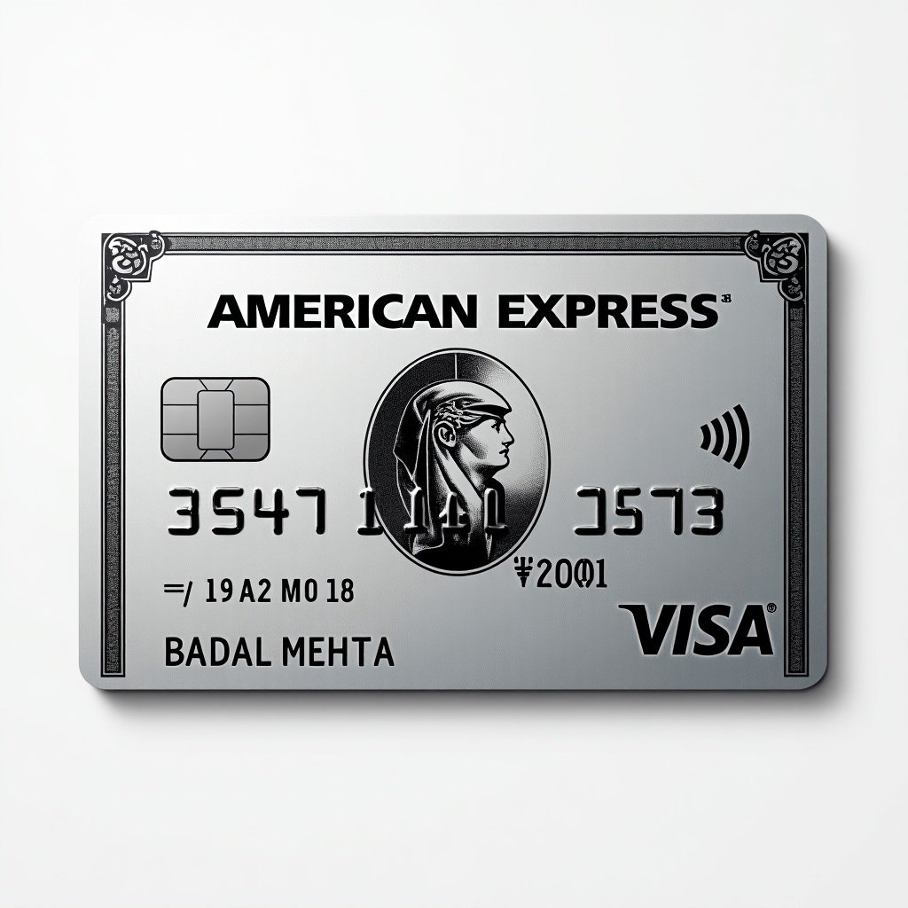 Realistic image of platinum American Express credit card features Visa logo shown clearly. Cardholder name BADAL MEHTA and expiry date March 2028 are visible. Silver background and bold black font reflect modern elegance.