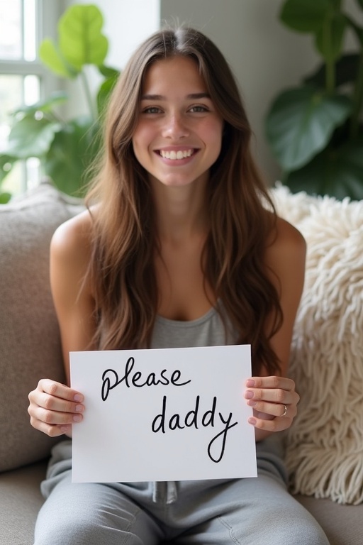 A young adult sits in a cozy living room. She has long brown hair. She wears a tank top and sweatpants. A handwritten sign is in her hands. The sign includes her Instagram handle and a playful phrase. The background features soft pillows and green plants. Natural light enters through the window. The scene feels inviting and casual.