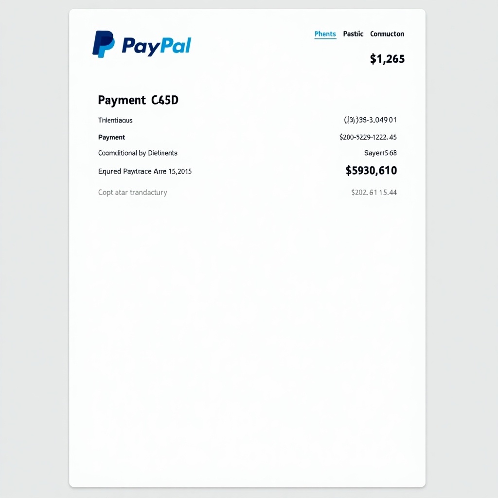 Document includes PayPal logo, payer details, transaction amount, and transaction number. Clean design suitable for online payments.