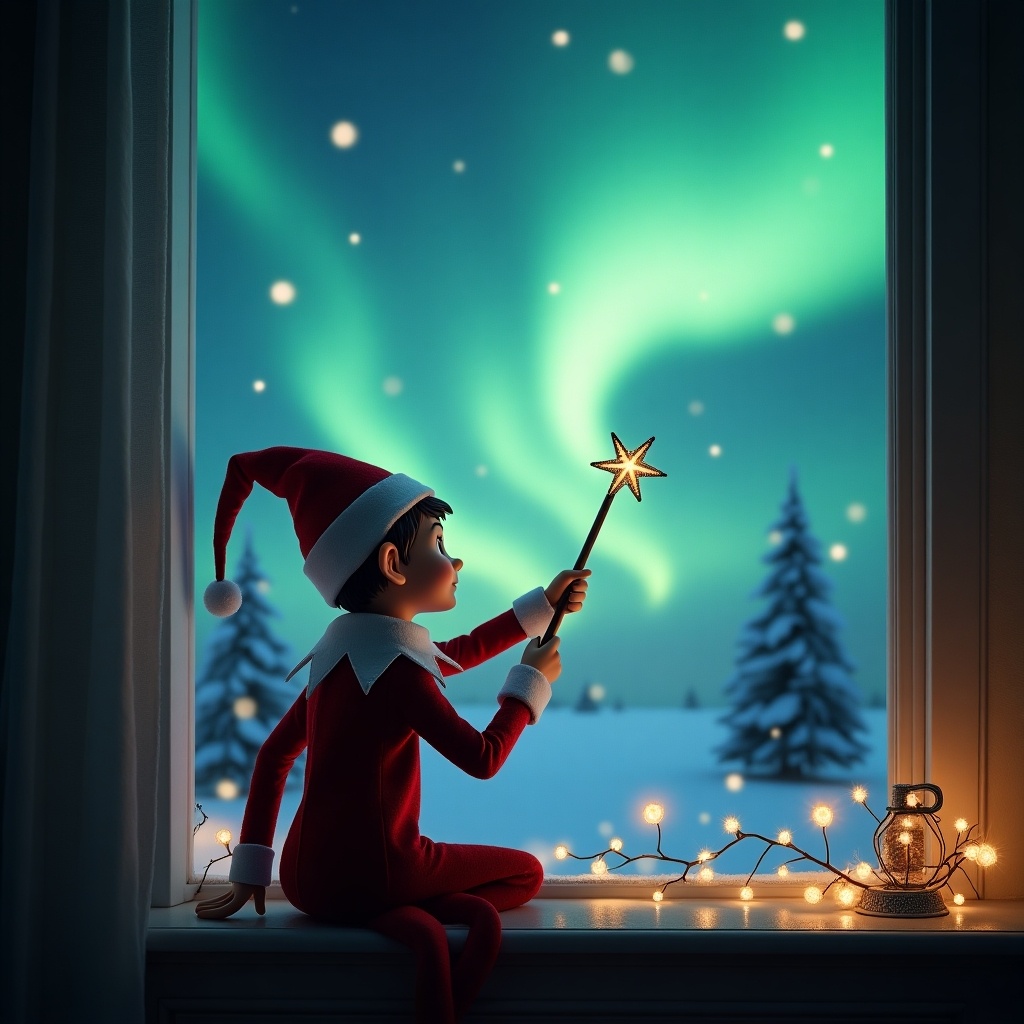 This image features an elf sitting on a window sill, facing the sky. It holds a wand, appearing to write in the air. The background showcases a stunning display of Northern Lights, creating a magical atmosphere. Soft fairy lights adorn the window, enhancing the festive spirit. Snowy trees are visible in the distance, adding to the winter wonderland feel. This cozy, enchanting scene captures the essence of Christmas magic.