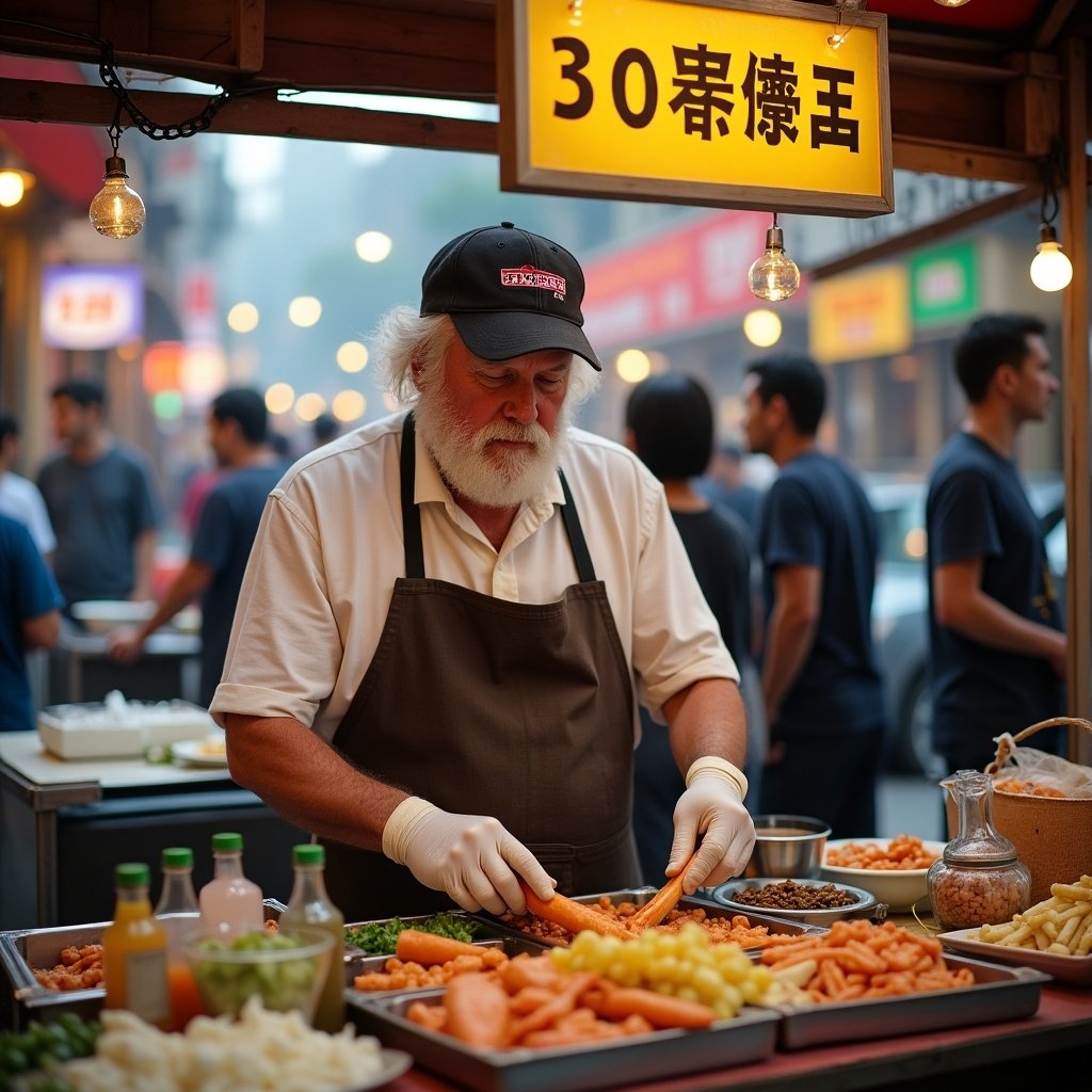 A street food vendor prepares food at a bustling market. Vibrant atmosphere with colorful food items. Captures the essence of street food culture.