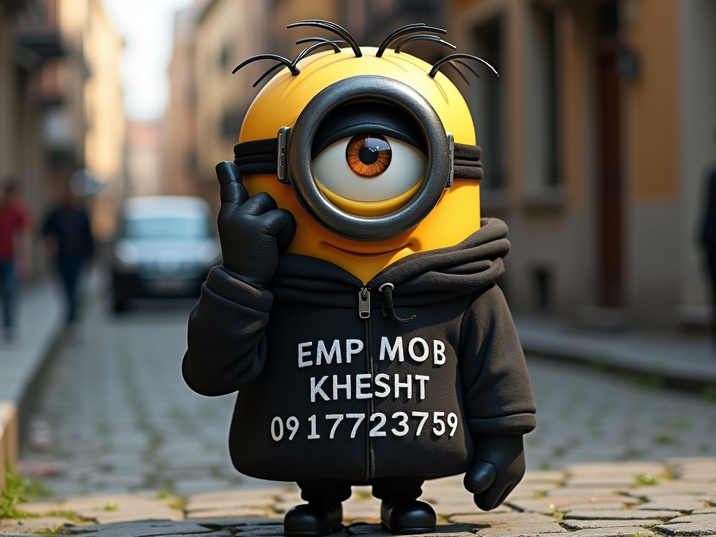 This image features a cartoon-like character resembling a one-eyed minion, creatively dressed in urban attire. The character wears a black hoodie with numbers and words on it, standing somberly on a cobblestone street. The soft focus on the background, including buildings and a blurred car, adds depth to the whimsical foreground subject.