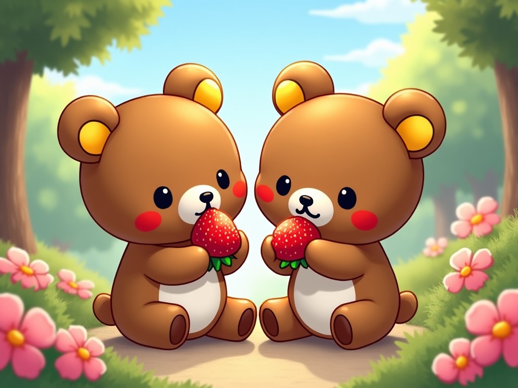 a cute illustration of two cartoon teddy bears holding strawberries, surrounded by flowers in a forest setting, soft lighting, kawaii style