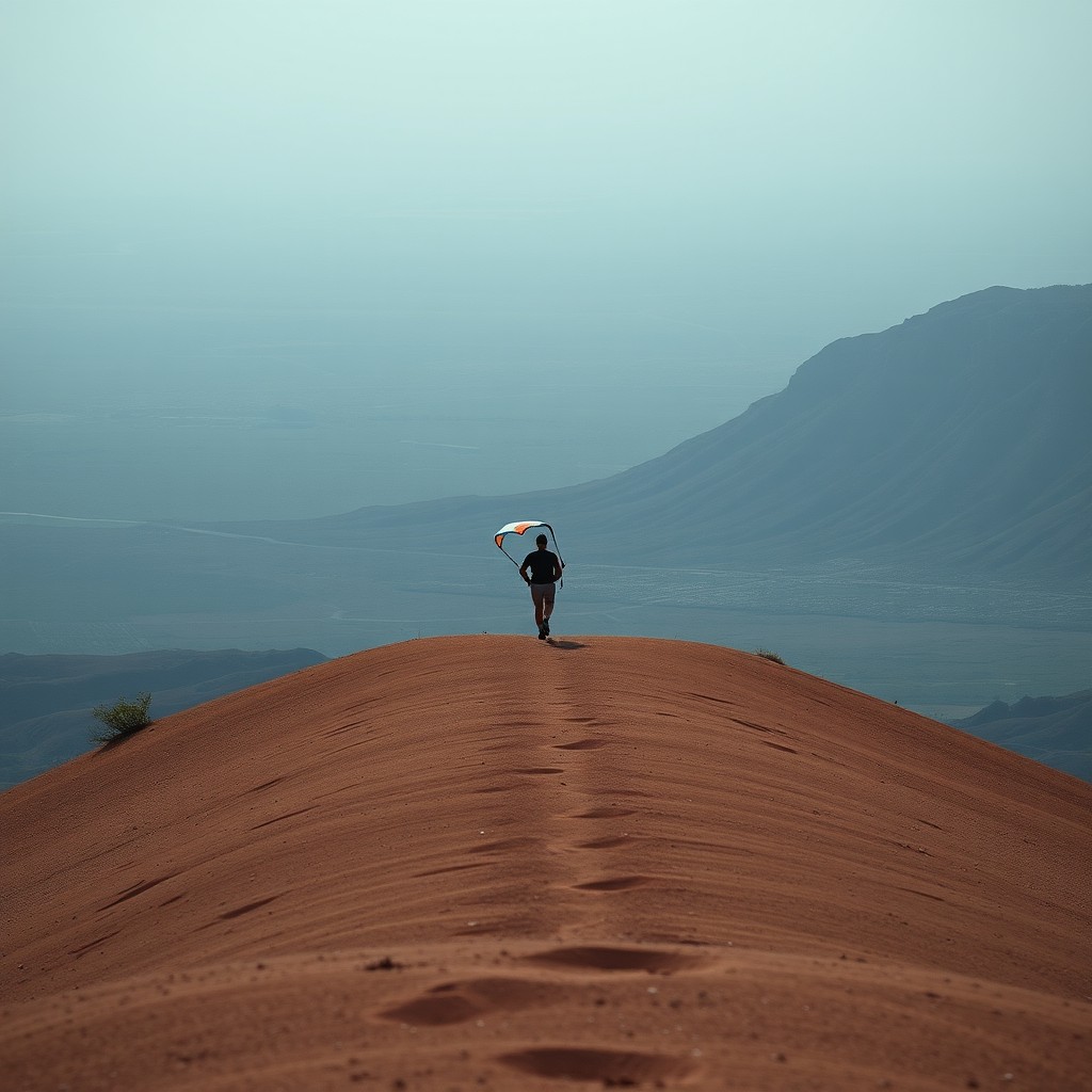 A solitary figure walks on a vast desert ridge, holding a colorful kite against an expansive sky.