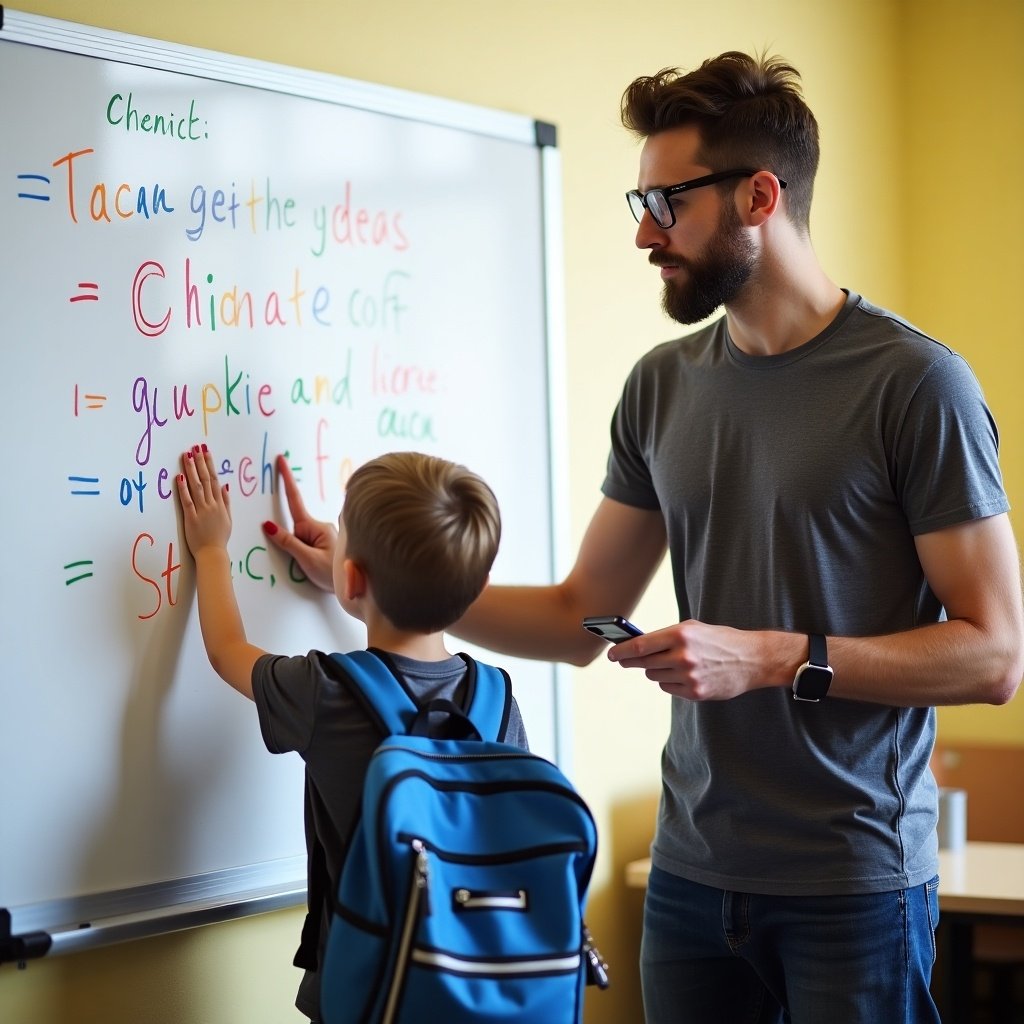 Teacher instructs a young student at a whiteboard filled with colorful letters and drawings. Student carries a backpack. Workspace is bright and inviting. Teacher engages student in learning process.