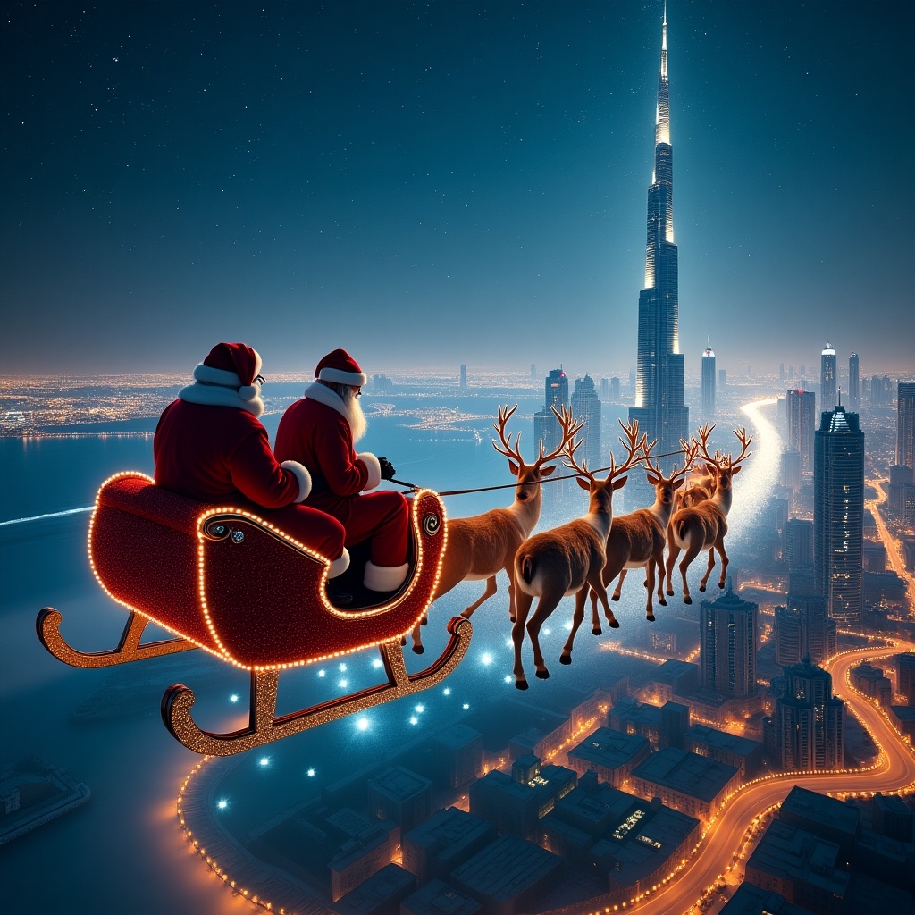 Cinematic aerial image of Santa Claus flying past the Burj Khalifa in Dubai. Sleigh pulled by nine reindeer, drawing a horizontal eight in the air with sparkle trail.