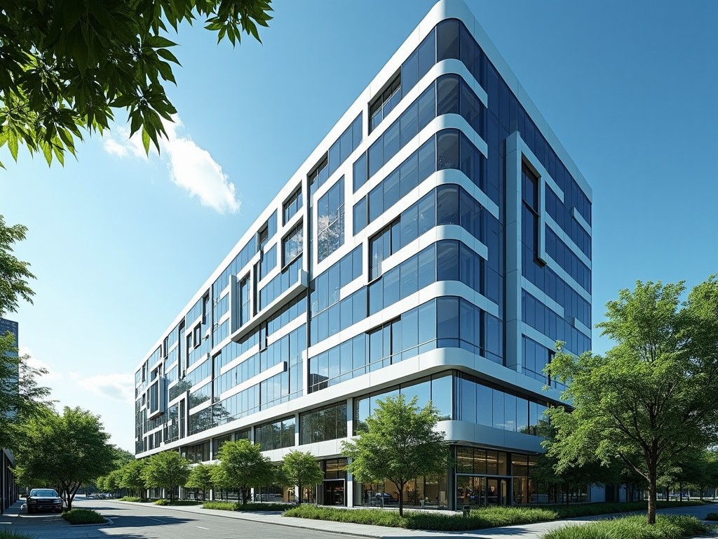 This image showcases a modern, multi-story office building with a sleek, contemporary design. The structure is primarily composed of glass with distinctive white panels, reflecting a cutting-edge style. Surrounding the building are well-maintained trees and greenery, enhancing the aesthetic appeal. Above, a bright blue sky adds to the cheerful ambiance of the scene. The view is captured from a low angle, highlighting both the height and sophistication of this corporate space.