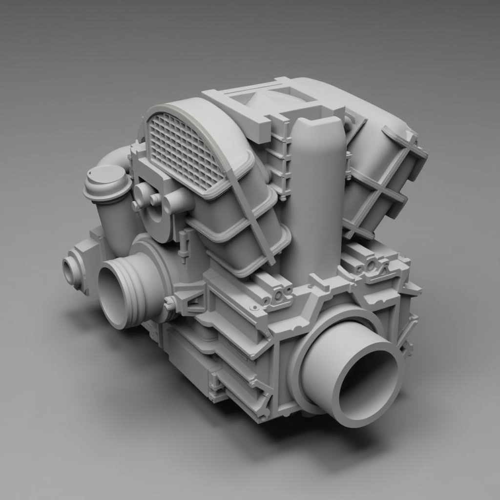 Three-dimensional rendering of an engine component created through FDM 3D printing. Engine component displayed in gray tones with a focus on shape and details. Suitable for educational and technical presentations.