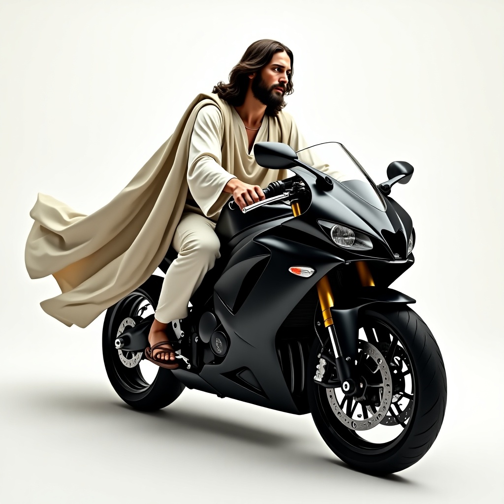 An image shows a figure in traditional garb riding a black sport bike. The figure is portrayed confidently and dynamically. Motorcycle symbolizes excitement and freedom. Simple background enhances the focus on the figure and bike.