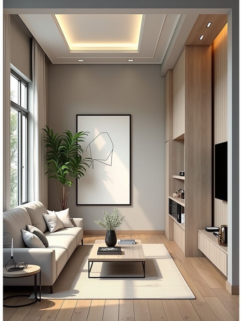 Design a long narrow living room with dimensions 10.7 feet wide by 33 feet long. Include a dining table, sitting area, and entertainment space. Use modern and minimalist decor elements.