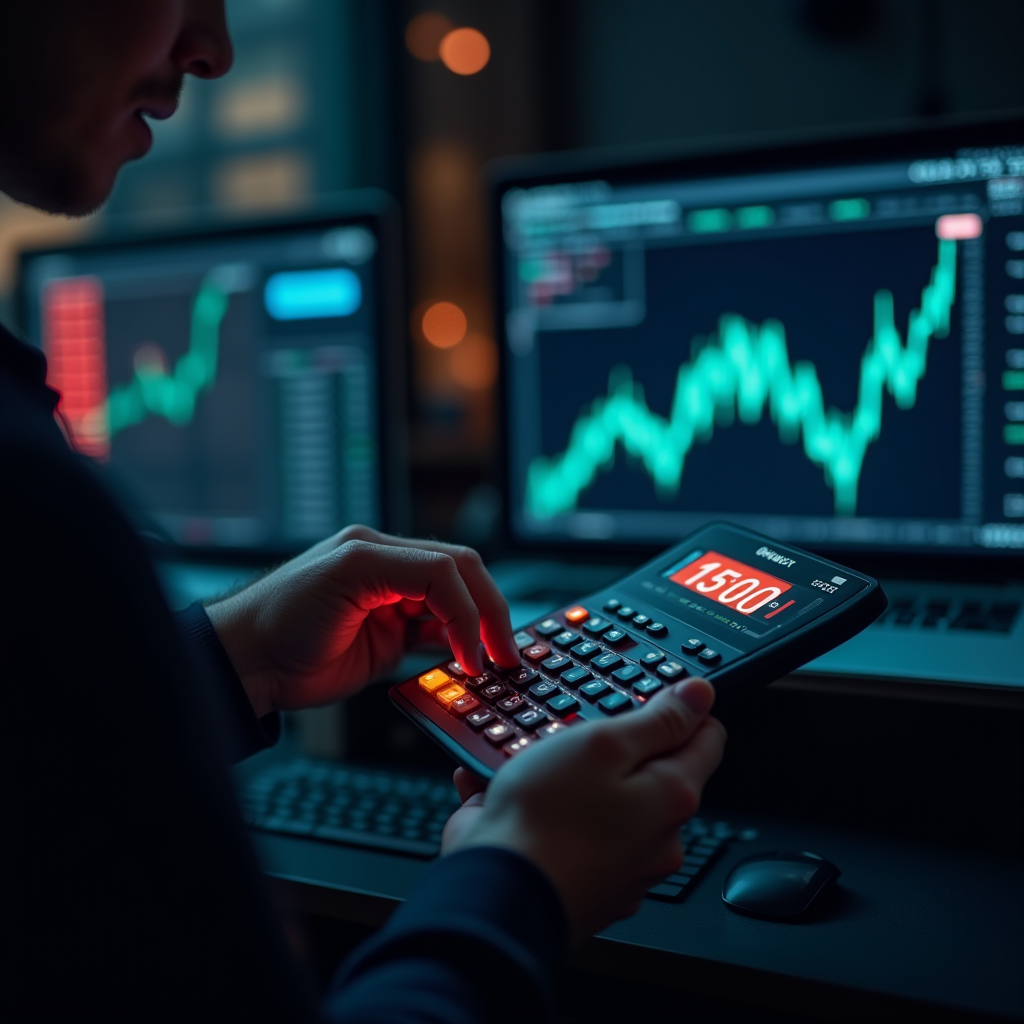 A person is using a calculator while analyzing stock market data on dual monitors displaying rising graphs.