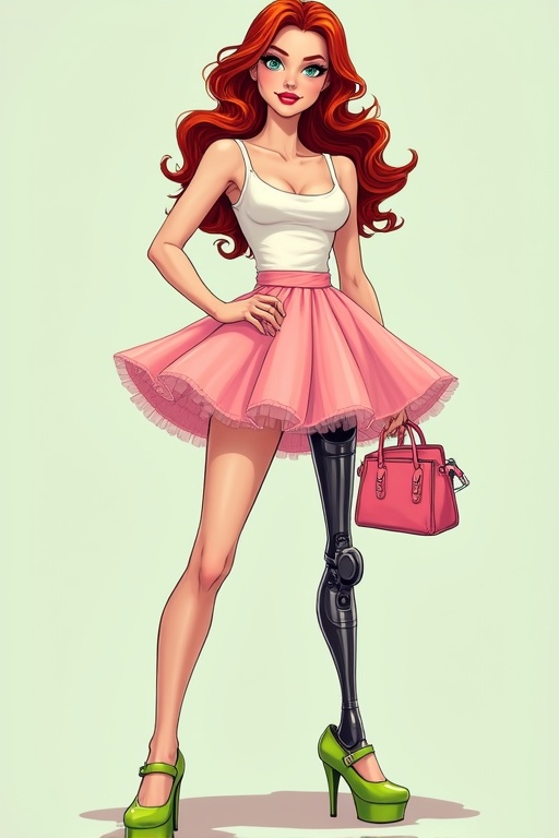 Image of a woman with red hair and blue eyes. She wears a pastel pink tulle skirt and a white top. Holds a pink handbag and wears lime green platform shoes. Has a state-of-the-art prosthetic left leg in light pastel green. The style resembles DC comic art.