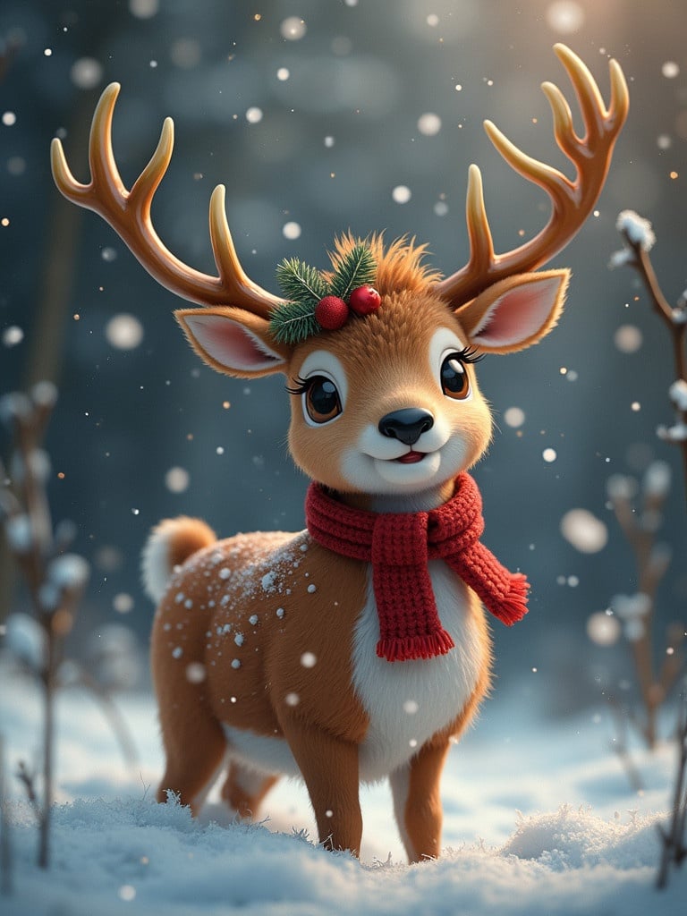 Cheerful reindeer in a snowy setting wearing a scarf and holiday decorations.