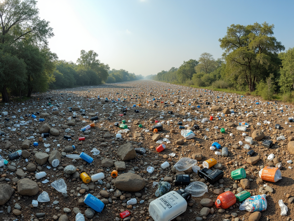 A dry riverbed is filled with trash and plastic waste, surrounded by green trees.