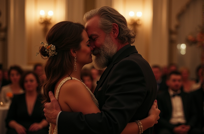 An older couple, elegantly dressed, shares a tender embrace at a joyful indoor celebration.