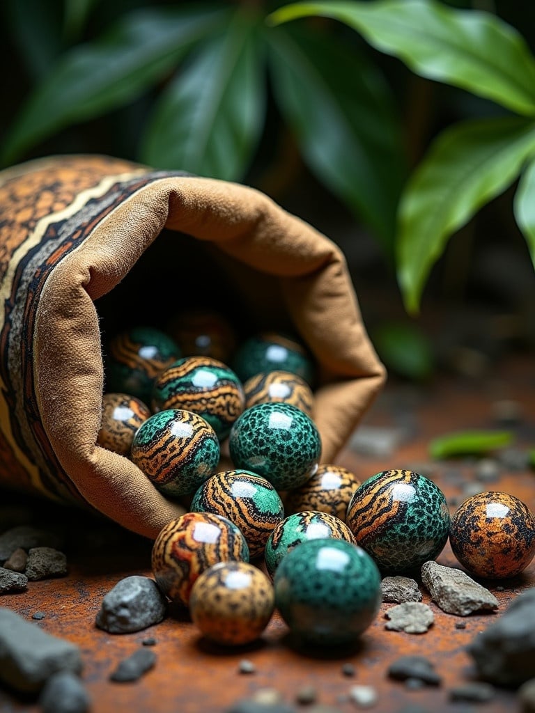 A detailed scene showcasing hyper-realistic marbles made of snakeskin. Each marble exhibits unique snake patterns with striped wood inlays. The marbles spill from a pliable sack created from assorted snakeskin scraps. The setting represents a forest floor characteristic of the Amazon jungle.