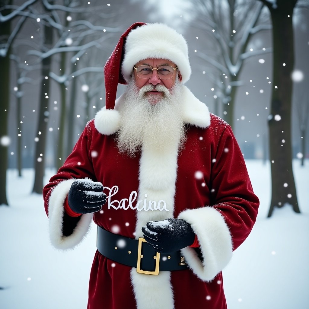 Santa Claus dressed in red suit with white trim stands in snow. Snowflakes fall gently. Trees in background are bare and frosty.