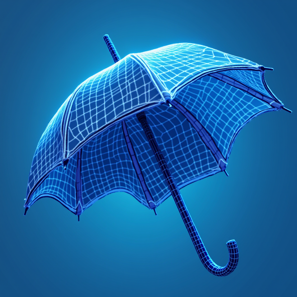 A glowing wireframe umbrella with a digital grid pattern set against a blue background.