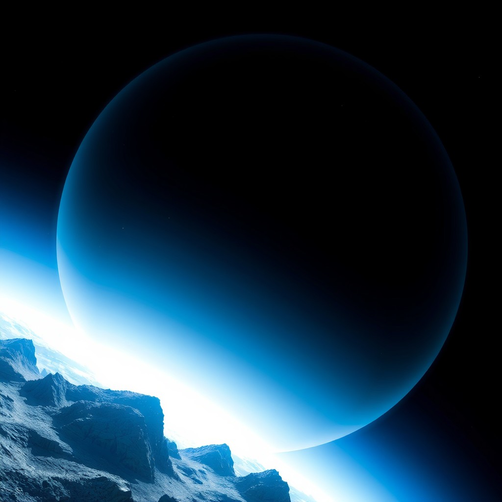 A surreal landscape with a large blue planet rising over a rocky horizon in space.