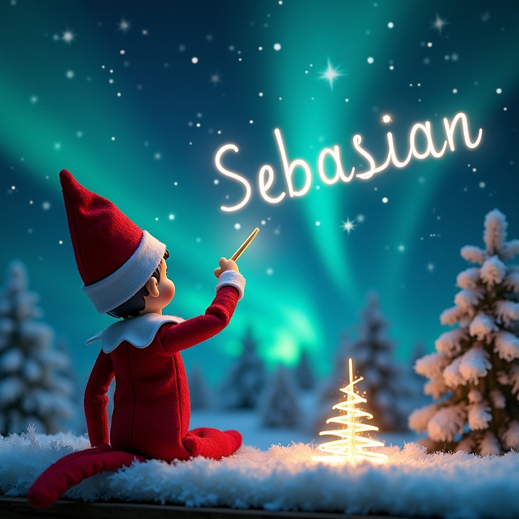 Elf on the Shelf with back to image facing sky. Holding a wand to write names in the sky. Magical Christmas background with northern lights. Names in the sky are Naomi and Sebastian.