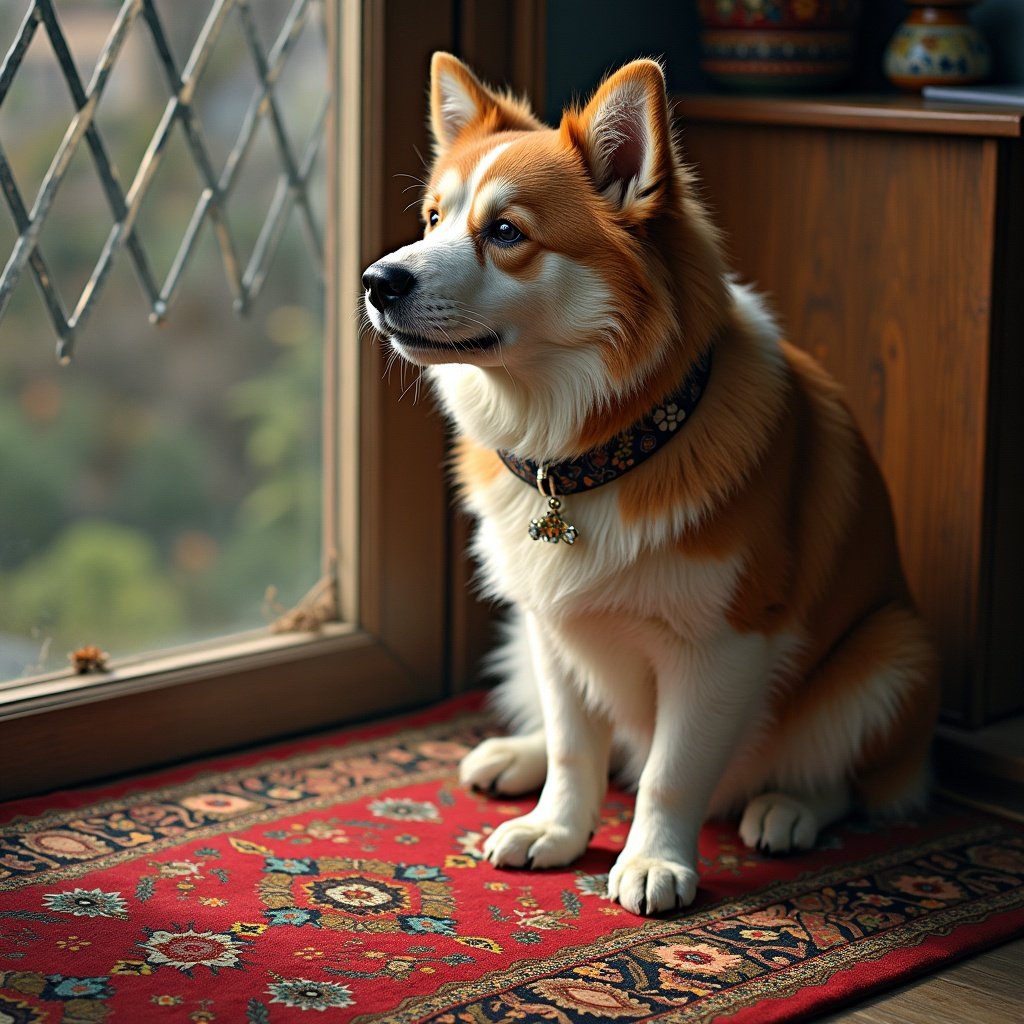 A dog is sitting on a rug near a window. The dog has reddish-orange and white fur. The setting features a decorated wooden cabinet. The view from the window shows a green landscape. The dog looks calm and content.