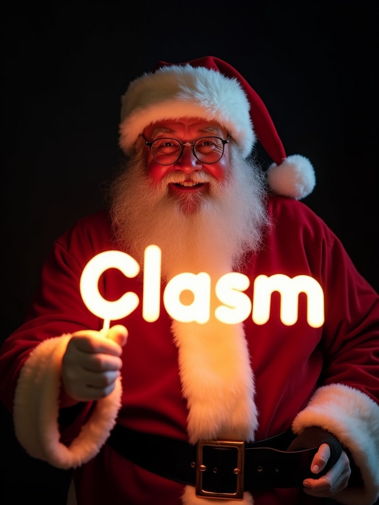 Santa Claus in traditional outfit holding a glowing stick showing the word 'Clasm'. Background is dark to highlight the text effectively. Scene conveys warmth and holiday joy.