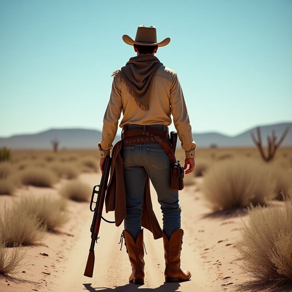 The image depicts a cowboy standing in a vast desert landscape, showcasing a high angle perspective. He is dressed in traditional Western attire, complete with a rifle slung over his shoulder. The sun shines brightly, casting sharp shadows on the dry terrain. The sandy ground is sparsely dotted with thorny bushes, emphasizing the isolation of the scene. The cowboy appears ready for an adventure, evoking themes of freedom and exploration common to the Wild West.