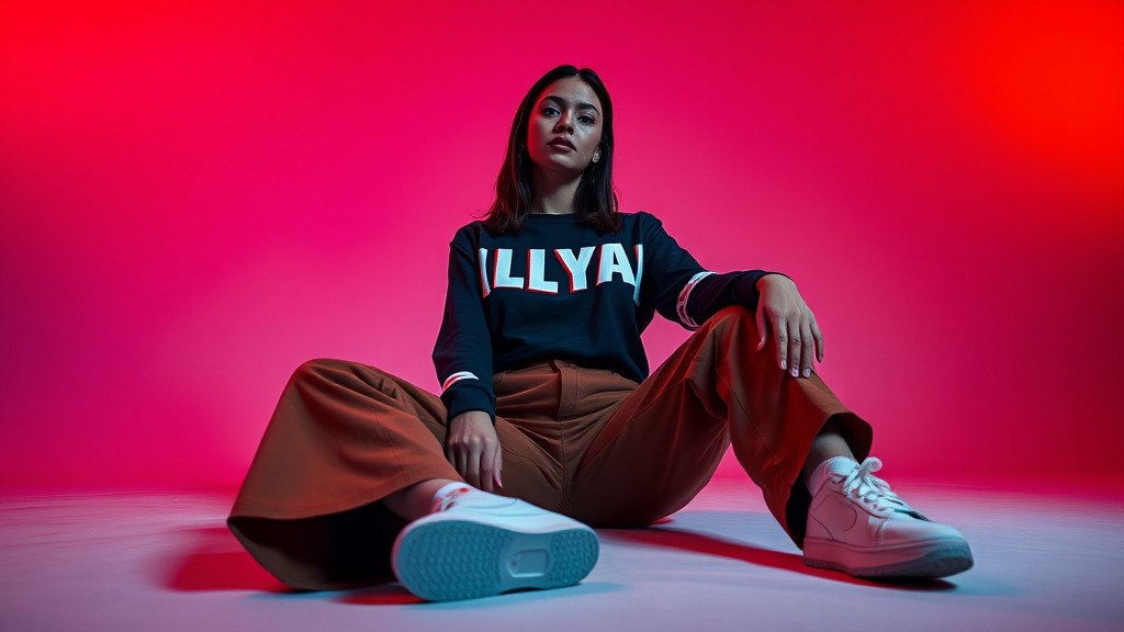 A young woman sits confidently against a vibrant pink and red background, dressed in a stylish casual outfit.