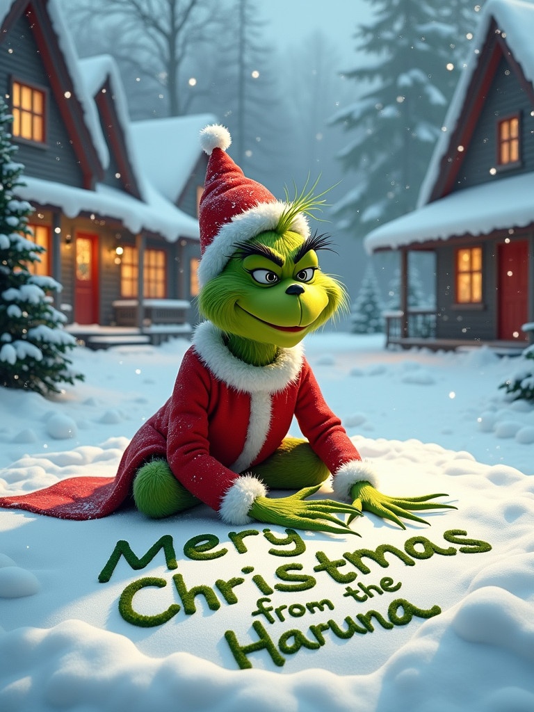 In a snowy landscape, the Grinch wears a red and white outfit. He writes 'Merry Christmas from the Haruna family' in the snow. Snowflakes fall around him. Cottages with warm lights create a magical atmosphere. Captures creativity and holiday spirit.