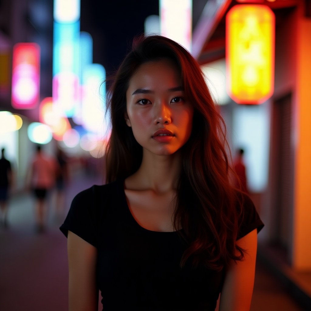 Image of a young woman standing confidently on a bustling street at night. Neon signs glow in the background. Shadows play across her features from warm lighting. The urban setting creates a dynamic feel against her presence.