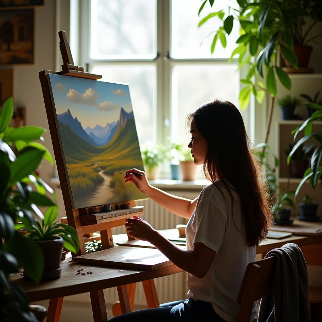 The image depicts a person deeply focused on painting a landscape in a sunlit studio. The atmosphere is serene, filled with various green plants that add a touch of nature to the indoor space. Sunlight pours in through the window, illuminating the scene. The artist is positioned to the side, concentrating on their work. The easel displays a beautiful depiction of mountains and a river. The overall vibe of the studio is warm and inviting, perfect for creativity.