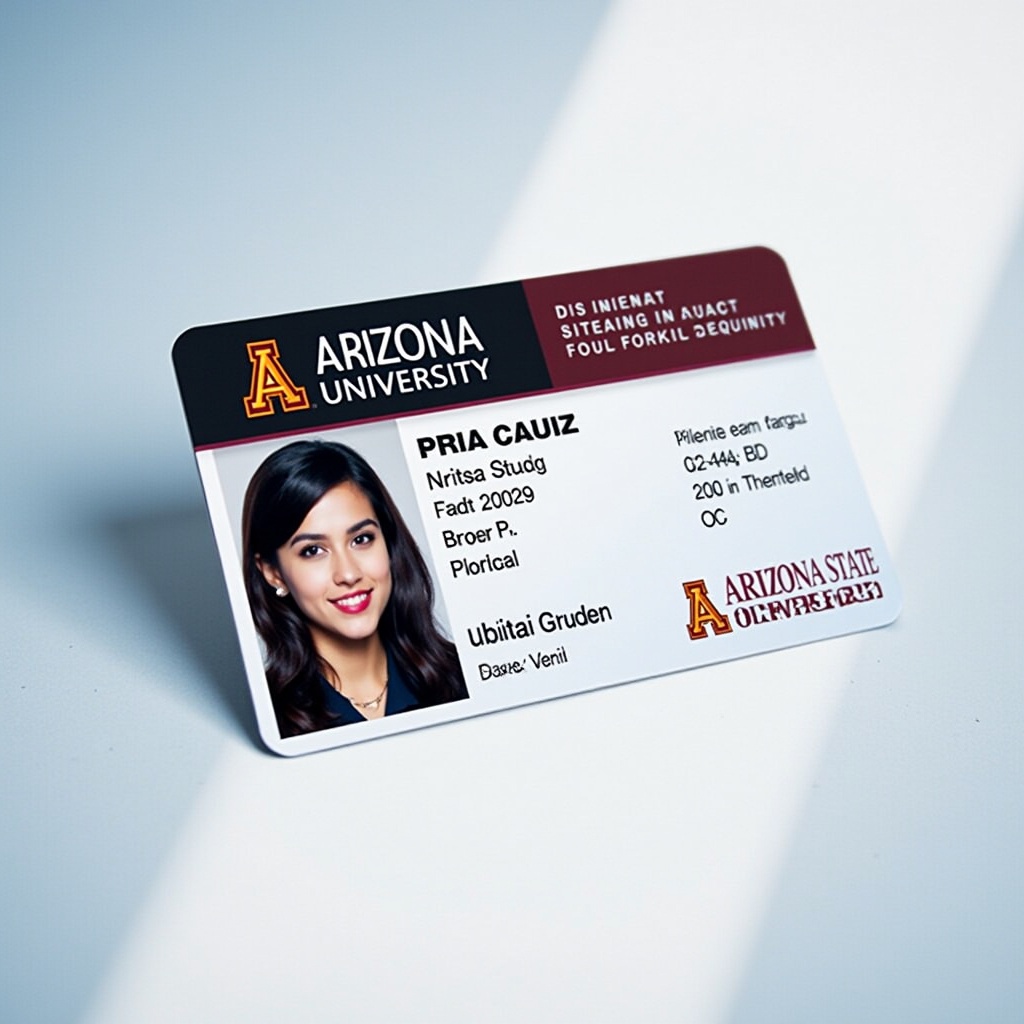 The image displays a student ID card for Arizona State University. The card prominently shows the university's logo on the top left. Below the logo are important details such as the student ID number and expiration date. The designation of 'Distance Learning' is also featured. A photograph of a student with a neutral expression is present, along with their name at the bottom. The card's background combines shades of blue and white, which enhances the university's branding.