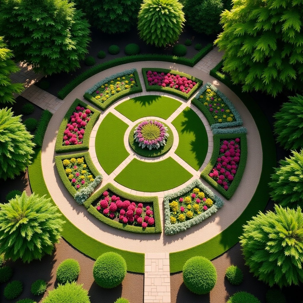 A beautifully designed garden viewed from above. The garden is circular and divided into segments with colorful flower beds. Lush greenery surrounds the flower beds, providing a vibrant contrast. Various trees and shrubs enhance the natural beauty. The plants are carefully arranged to create a harmonious and inviting atmosphere.