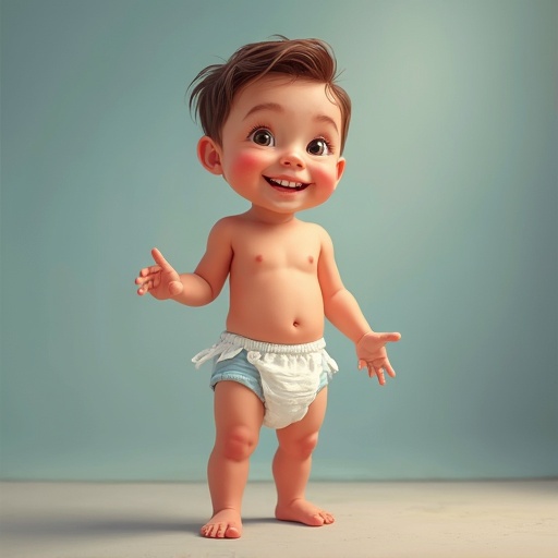 A cheerful toddler stands confidently. The child wears a simple diaper. Soft pastel background enhances the playful mood.