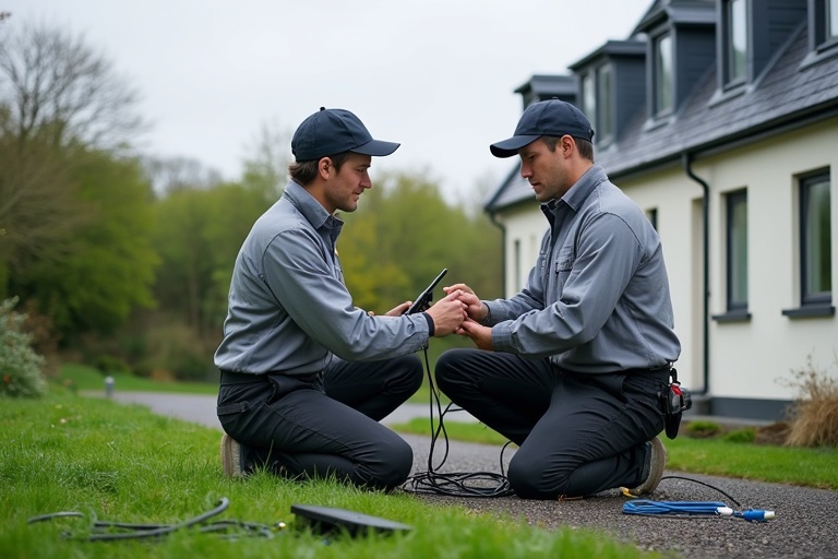 Two technicians install a wireless connection in Ireland. They are checking a tablet and connecting wires. The scene features a suburban background with green grass and a house.