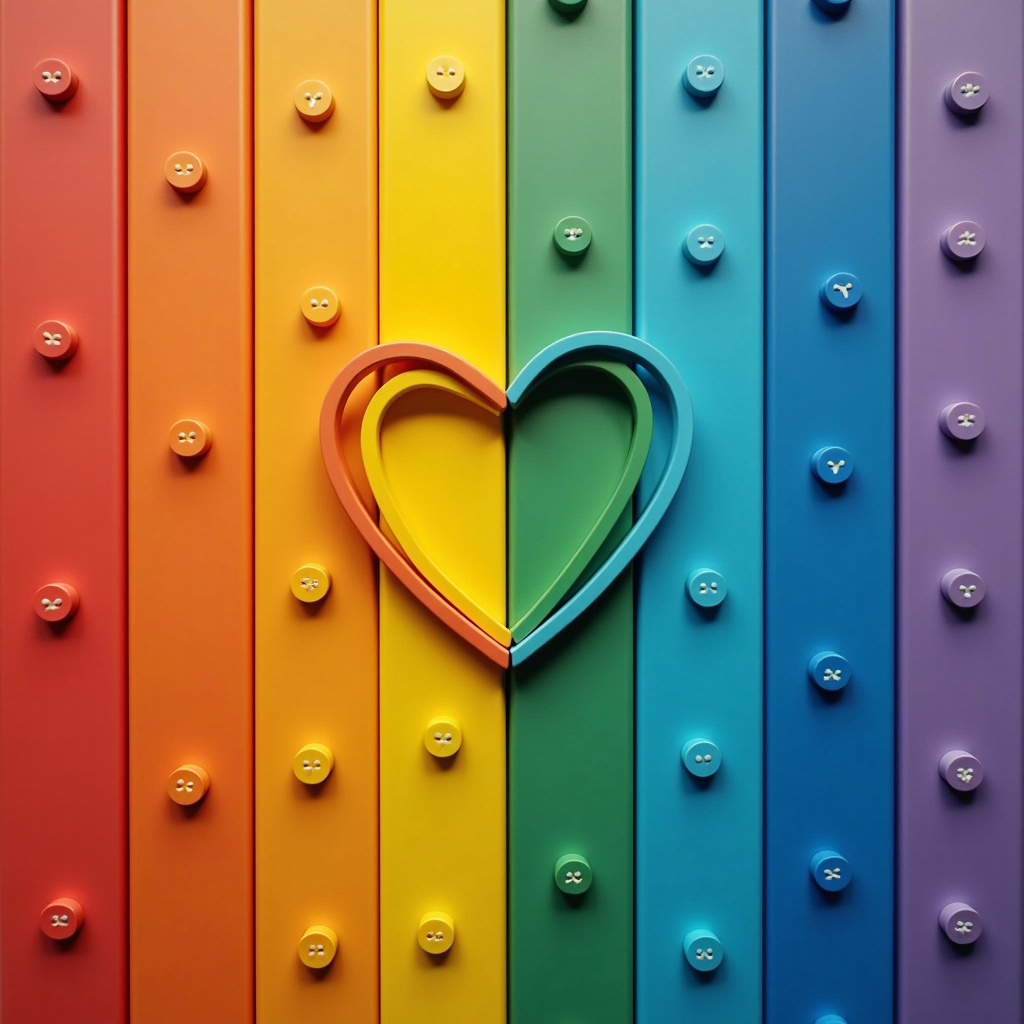 A vibrant, multi-colored wall with vertical stripes in rainbow colors, featuring a heart shape in the center and dotted with equidistant circular buttons.