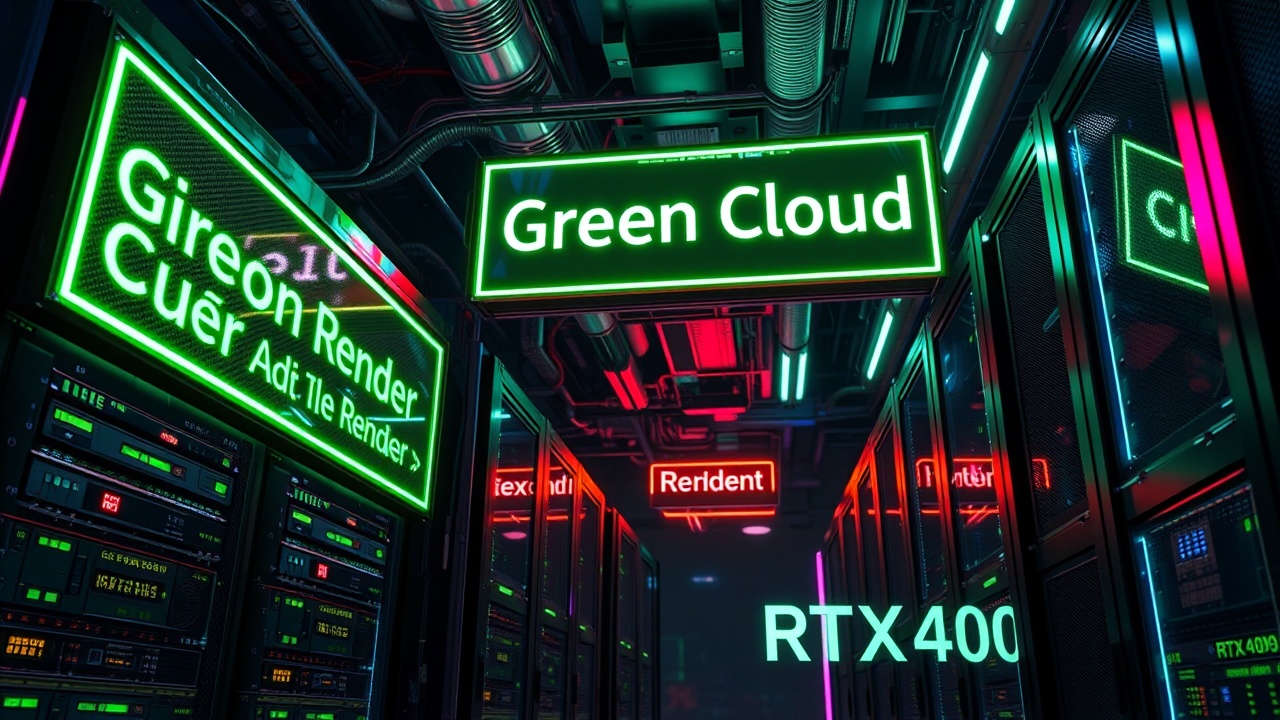 This digital artwork depicts a futuristic cloud server room lit with vibrant neon lights. Dominated by shades of green, red, and blue, the servers are adorned with labels like 'Green Cloud' and 'RTX400'. The perspective offers a dynamic view of the servers receding into the background. The ambient lighting from neon signs creates a cyberpunk aesthetic, adding a deep, immersive atmosphere.