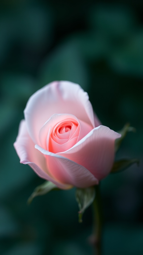 A close-up of a delicate pink rose with soft lighting and a blurred green background.