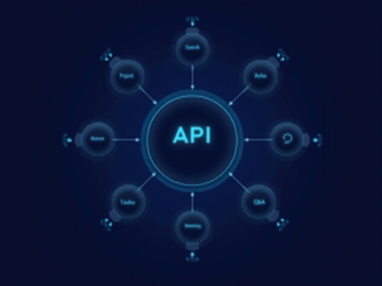 This digital illustration showcases a central circle labeled 'API' against a dark blue background. Six arms extend from the central circle, each leading to smaller circles with specific labels: 'Search', 'Projects', 'Roles', 'Uploads', 'Memberships', and 'Q&A'. The design features high-tech elements, with glowing lines connecting the circles, creating a smooth and modern aesthetic. This image is suitable for tech presentations or educational content related to APIs. The overall appearance is sleek and futuristic, appealing to a technology-savvy audience.