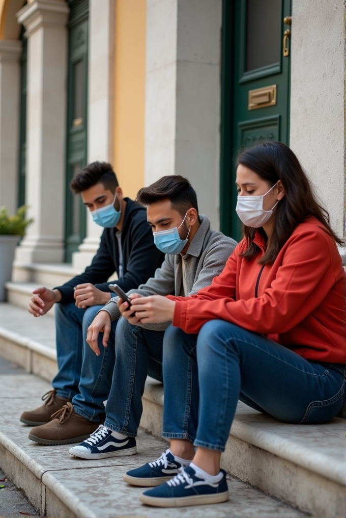 Three young adults wearing masks sit on steps outdoors, engaging with their smartphones, in front of a building with green doors.